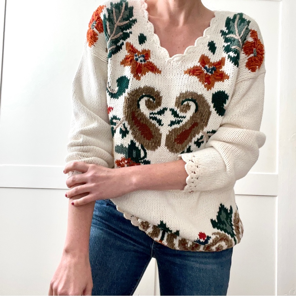 Vintage Floral Grandma Sweater Pullover Knit Thanksgiving Christmas Nuggets